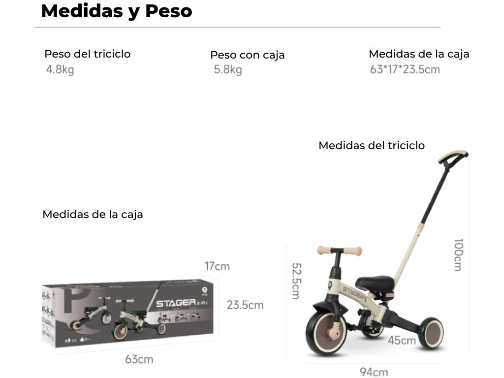 Triciclo y Bicicleta Stager 3 en 1 Beige
