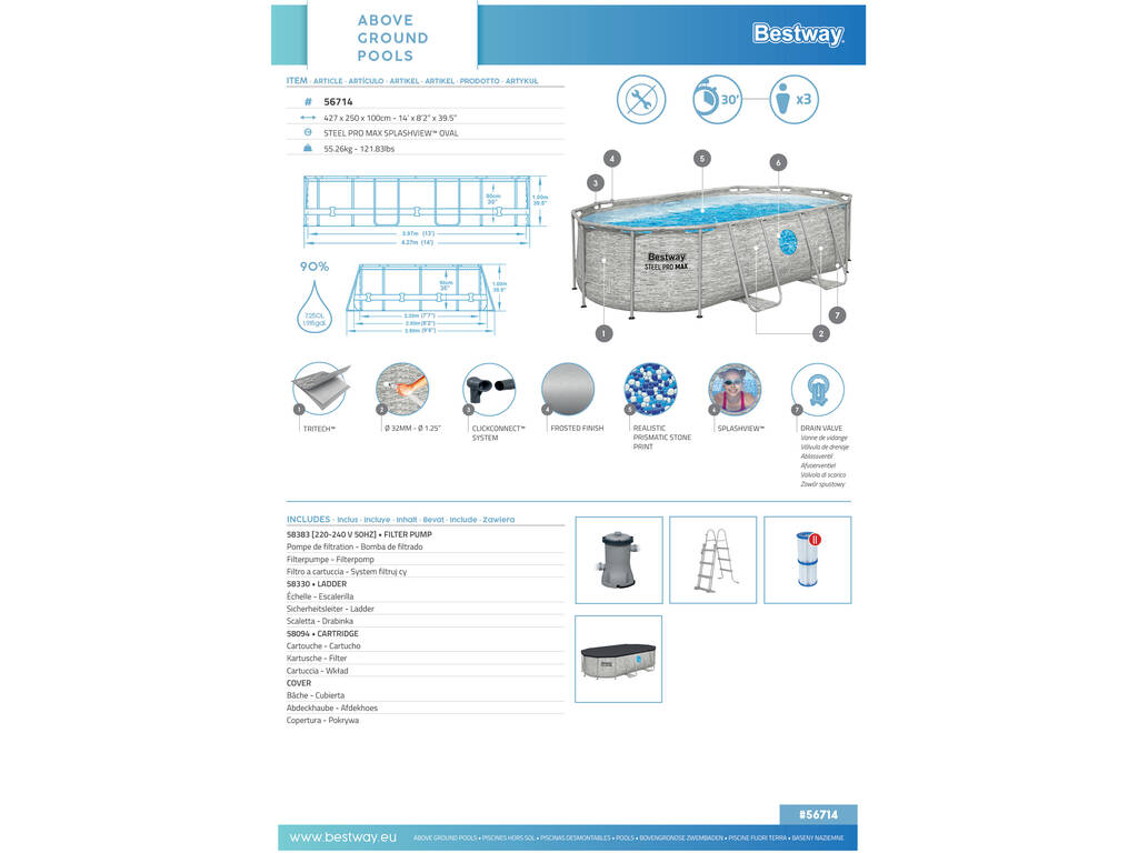 Piscina Desmontável Oval Steel Pro Max Splashview 427x250x100 cm. Bestway 56714