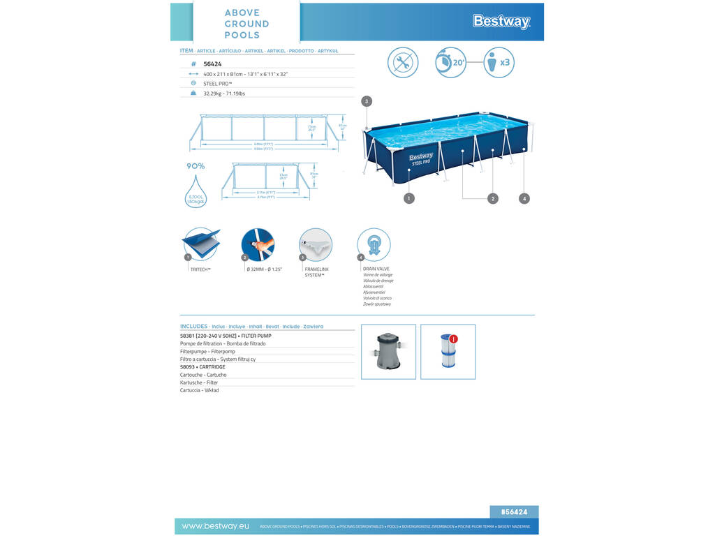 Piscina desmontável 400x211x81 cm.Bestway 56424